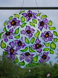 Purple Clematis and Bees, round glass Suncatcher glass art by Lucy De Sousa
