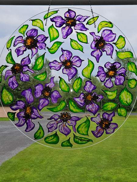 Purple Clematis and Bees, round glass Suncatcher glass art by Lucy De Sousa
