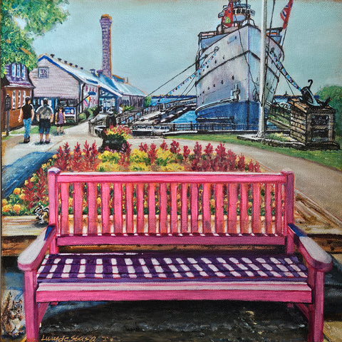 A Happy Place- Pink Bench. Keewatin Steamship. Original painting by Lucy De Sousa