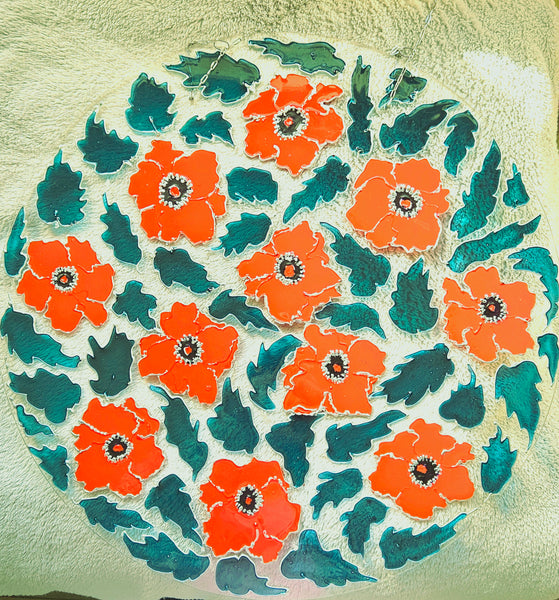 Red Poppies, Suncatcher handpainted glass art by Lucy De Sousa