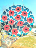 Red Poppies, Suncatcher handpainted glass art by Lucy De Sousa