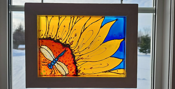 Dragonfly on Sunflower glass art by Lucy De Sousa