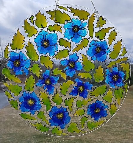 Blue Poppies, round glass Suncatcher glass art by Lucy De Sousa