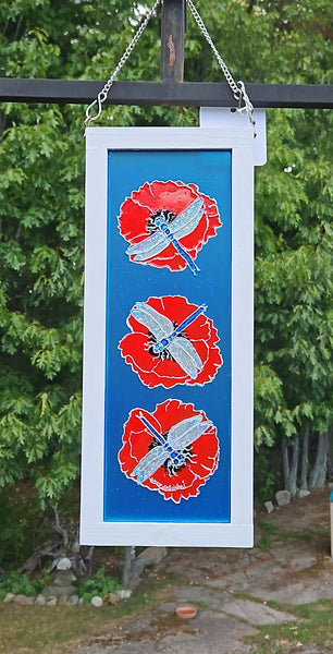 Poppies and Dragonflies, original glass art by Lucy De Sousa