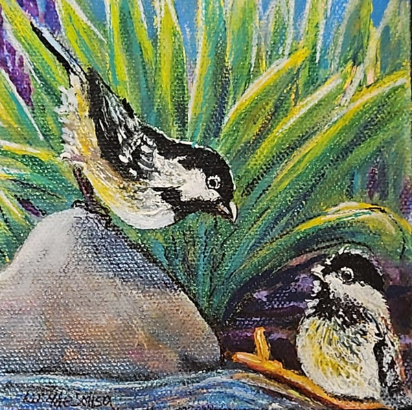 Chickadees original painting by Lucy De Sousa