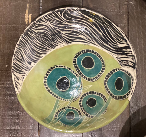 Dish funky teal flower olive and black by Yolande