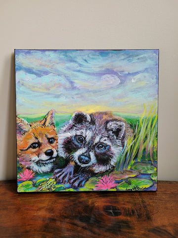 The Happy Trio:  Raccoon, Fox and Frog - Original by Lucy De Sousa