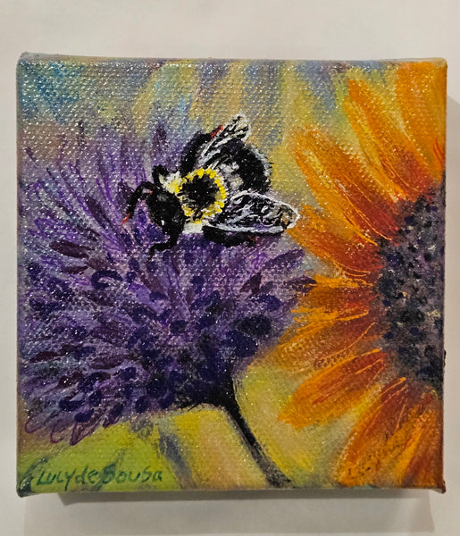 Happy Bumblebee in my flower garden, original painting by Lucy De Sousa