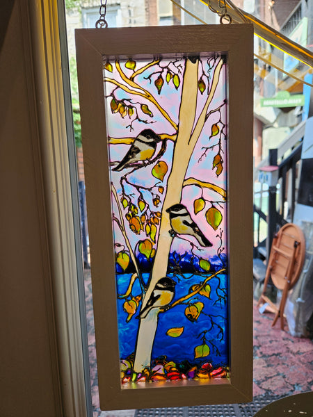 Chickadee in Autumn Suncatcher, original glass art by Lucy De Sousa