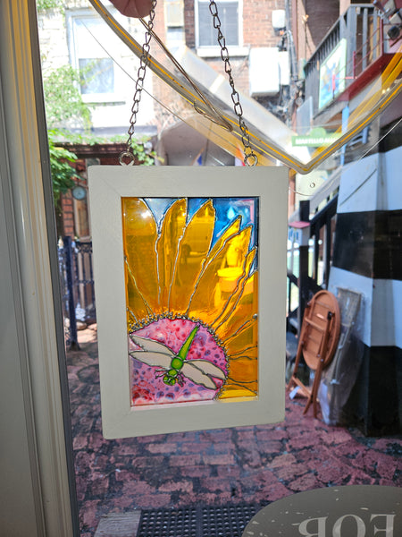 Dragonfly on Sunflower glass art by Lucy De Sousa