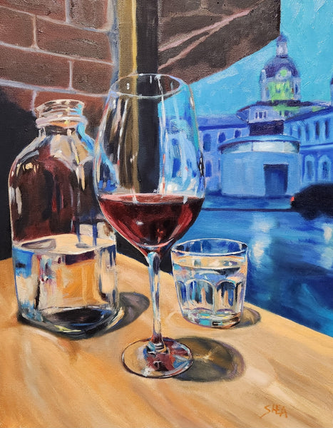 Olivea Window Table, City Hall at Dusk - original art by Pat Shea