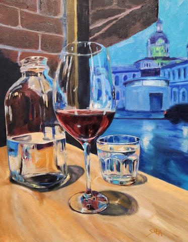 Olivea Window Table, City Hall at Dusk - original art by Pat Shea