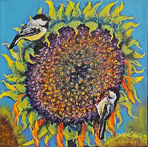 Chickadees and Sunflower, original painting by Lucy De Sousa