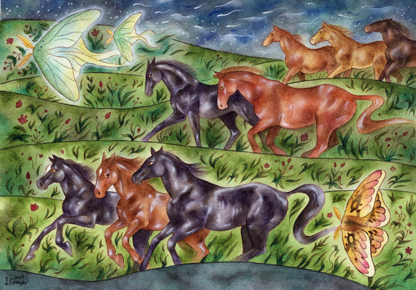 Running with Moths - original watercolour by Suzie Komza