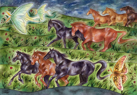 Running with Moths - original watercolour by Suzie Komza