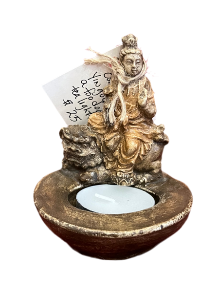 Hand Cast Concrete Guan Yin on a Foo Dog Tea light holder
