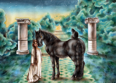 Jiji and the Friesian - original watercolour by Suzie Komza