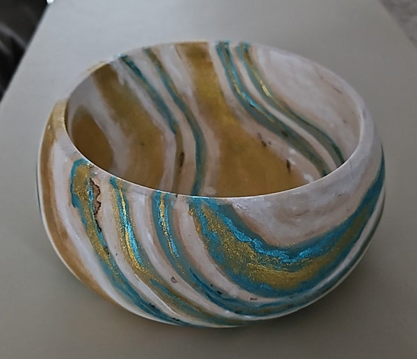 Aquamarine & Gold Bowl Original by Lucy De Sousa
