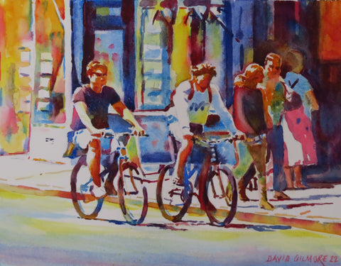 Two Cyclists in Town - Original Watercolour 485