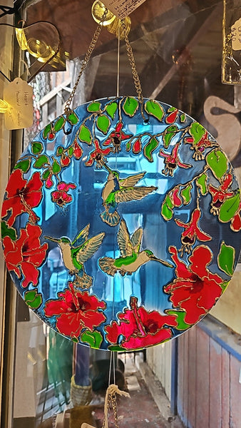 Hummingbirds, round glass art Suncatcher original art by Lucy De Sousa