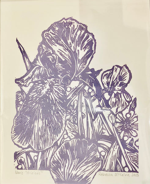 Nan’s “H-irises” Lino Print (8x10) by Rebecca McKelvie