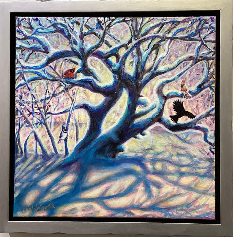 Tree full of life in winter wonderland, original painting by Lucy De Sousa