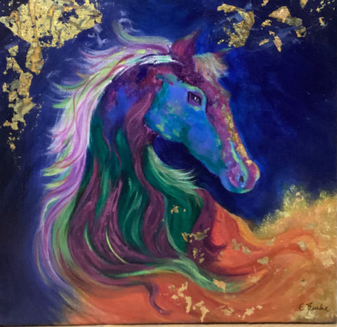 Pink and Purple Fire Horse. Original painting by Elaine Burke