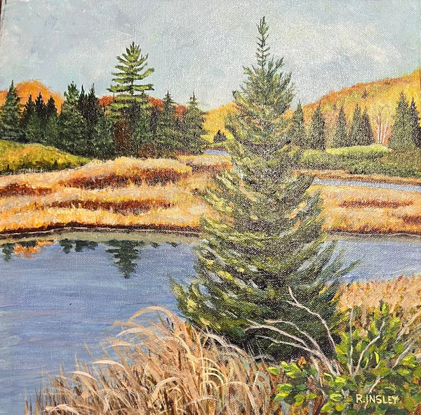 Autumn Marsh with Fir Tree - original painting by Rosalyn Insley