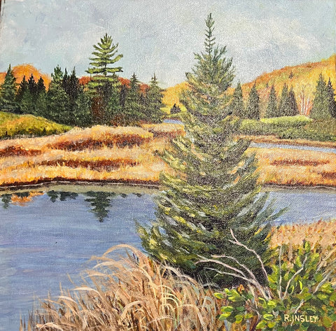 Autumn Marsh with Fir Tree - original painting by Rosalyn Insley