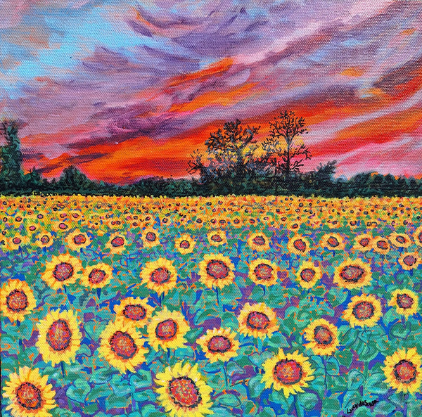 The Sunset at Wynn Farms Sunflower Fields original painting by Lucy De Sousa
