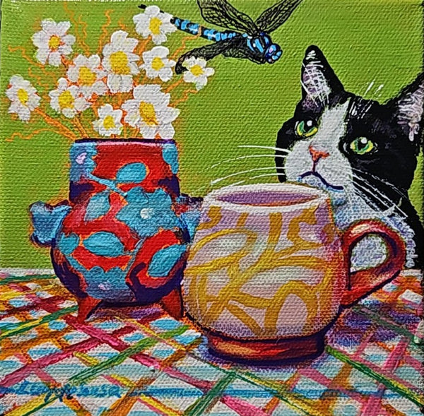 Kitty Playing With Dragonfly, original painting by Lucy De Sousa