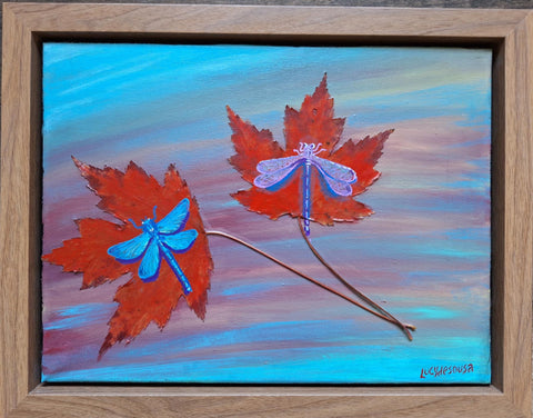 Dragonflies on Maple Leaves, original painting by Lucy De Sousa