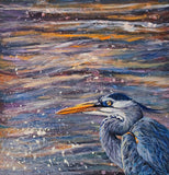 The Master of Patience, Great Blue Heron original painting by Lucy De Sousa
