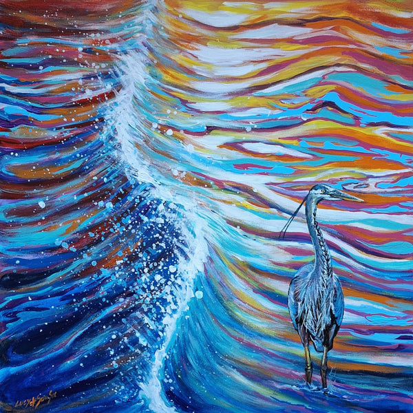 Garza Azulada, the Great Blue in the Rainbow of Colours original painting by Lucy De Sousa