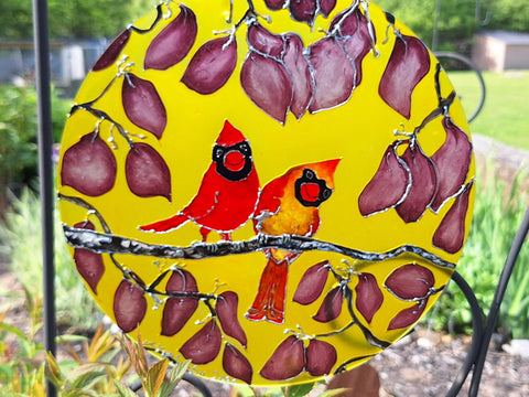 Cardinals, round glass art Suncatcher original art by Lucy De Sousa