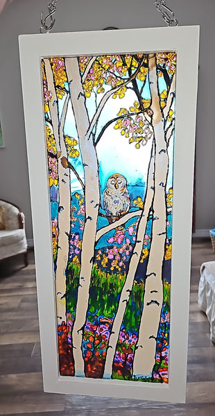 Owl & Birch Trees Suncatcher original by Lucy De Sousa