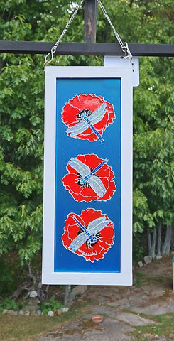 Poppies and Dragonflies, original glass art by Lucy De Sousa