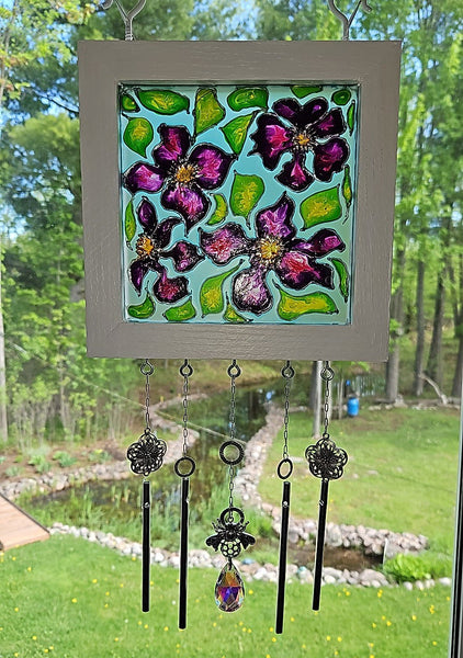 Purple Clematis Wind Chime Suncatcher, original glass art by Lucy De Sousa