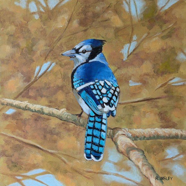Blue Jay and Golden Leaves - original painting by Rosalyn Insley