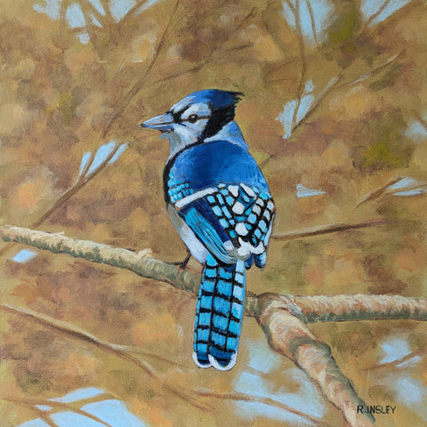Blue Jay and Golden Leaves - original painting by Rosalyn Insley