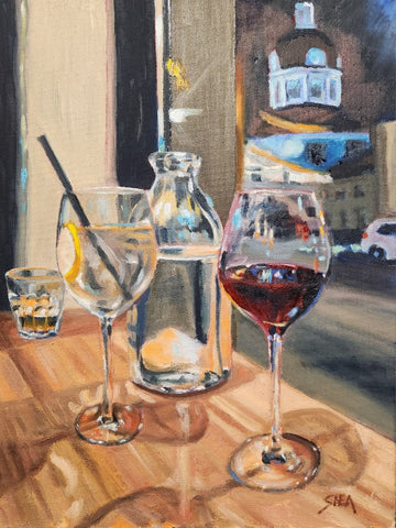 Wine Glasses City Hall  - original art by Pat Shea