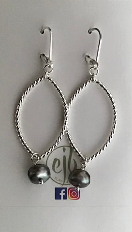 SS Leaf shaped earrings with grey pearls
