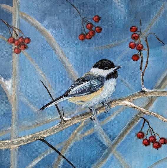 Chickadee in the Hawthorn - original painting by Rosalyn Insley