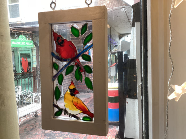 Cardinals, glass art by Lucy De Sousa