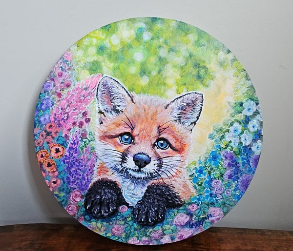 Skyeyes in the flower garden, baby fox original painting by Lucy De Sousa