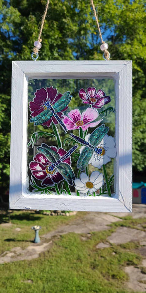 Dragonflies & Cosmos glass art by Lucy De Sousa
