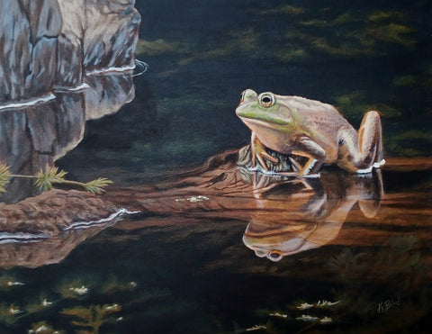 Frog on a Log in a Bog - Original painting by Kristi Bird