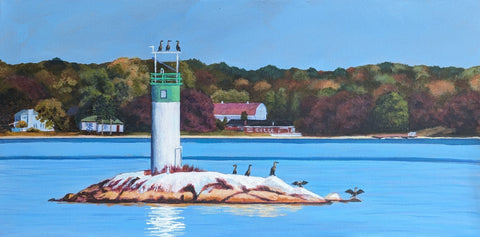 Small Lighthouse with Cormorants - original painting by Rosalyn Insley