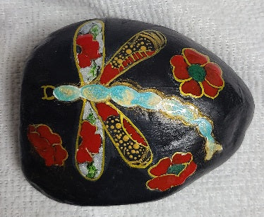 Painted Rock - Dragonfly and poppies