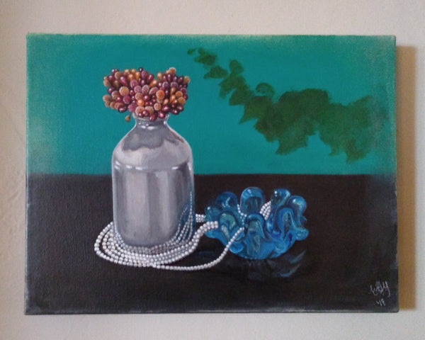 Teal Still Life - 12" x 9 " - Painting by Erica Young - Martello Alley